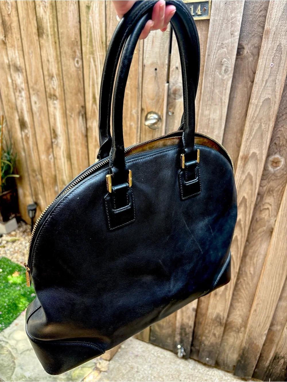Tory Burch Black Leather Dome Satchel with Gold Logo